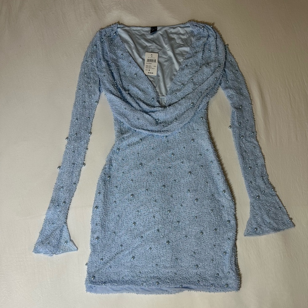 Bianca Long Sleeve Faux Pearl Beaded Mini Dress - Picture 6 of 11